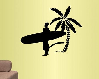 In-Style Calcomanías Vinilo de pared Calcomanía Decoración para el hogar Art Sticker Surf Surfer Boy Man con tabla de surf Palm Tree Beach Extraíble Diseño de mural 108