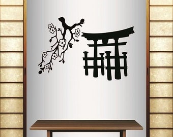 In-Style Decals Wall Vinyl Decal Home Decor Art Sticker Zen Chinese Garden Gate Asian Temple Blooming Sakura Mural Removable Design 384