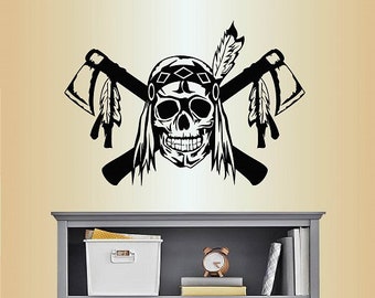 In-Style Decals Wall Vinyl Decal Art Sticker Scary Indian Skull Tomahawk Feathers Removable Mural Unique Design for Any Room 76