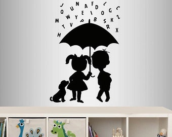 In-Style Decals Wall Vinyl Decal Home Decor Sticker Cute Kids Boy Girl Umbrella Alphabet Letters Rain Puppy Nursery Play Room Design 2634