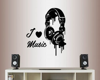 In-Style Decals Wall Vinyl Decal Art Sticker I Love Music Quote Phrase Headphones Sound Music Audio Store Bedroom Removable Mural Design 239