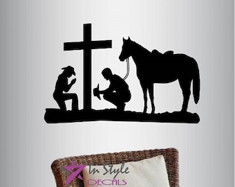 In-Style Decals Wall Vinyl Decal Home Decor Art Sticker Cowboy and Cowgirl Praying Kneeling Cross Horse Western Room Mural Unique Design 788