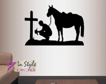 In-Style Calcomanías Pared Vinilo Calcomanía Decoración para el hogar Arte Etiqueta Vaquero Orando Arrodillado Cruz Caballo Hombre occidental Niño Habitación Extraíble Diseño mural 556