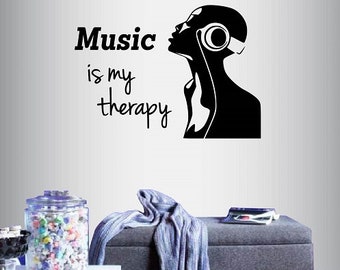 In-Style Decals Wall Vinyl Decal Art Sticker Silhouette Girl with Headphones Music Is My Therapy Quote Phrase Removable Mural Design 2164