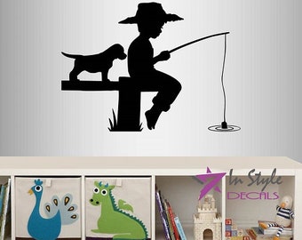 In-Style Decals Wall Vinyl Decal Home Decor Art Sticker Cute Little Boy Fishing Fish with Dog Puppy Kids Nursery Removable Mural Design 2301