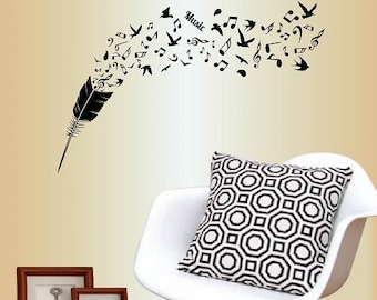 In-Style Decals Wall Vinyl Decal Art Sticker Feather Musical Notes Birds Musician Music Living Room Bedroom Removable Mural Design 609