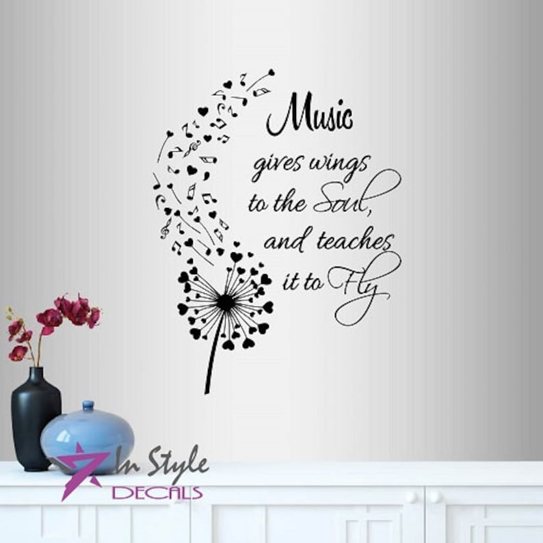 In-Style Decals Wall Vinyl Decal Art Sticker Music Gives Wings to the Soul Quote Phrase Dandelion Musical Notes Hearts Removable Design 743 image 1