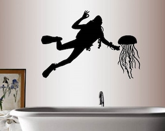 Naklejki ścienne w stylu winylowym Naklejka ścienna Wystrój domu Naklejka artystyczna Nurek Nurkowanie Meduza Morze Ocean Sport Mężczyzna Pokój Zdejmowany Mural Projekt 291