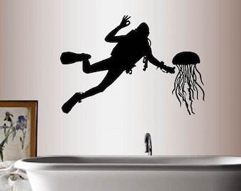 In-Style Decals Wall Vinyl Decal Home Decor Art Sticker Scuba Diver Diving Jellyfish Sea Ocean Sports Man Room Removable Mural Design 291