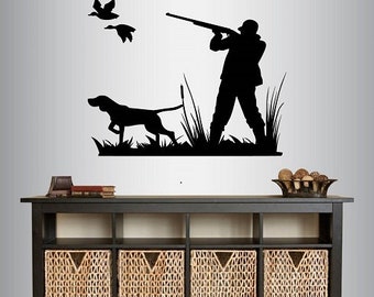 In-stijl stickers muur vinyl sticker interieur kunst sticker eend jacht jager en hond man jachtgeweer dieren elke kamer verwijderbare muurschildering ontwerp 1464