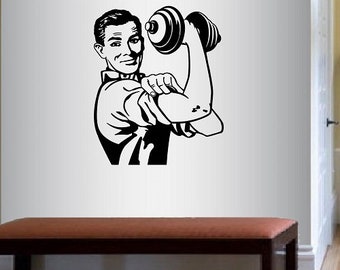 Naklejki ścienne w stylu In-Style Vinyl Decal Home Decor Art Sticker Man Lifting Weights Sports Gym Fitness Retro Room Removable Mural Design 2802