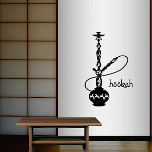 May include: Black and white silhouette of a hookah with the word "hookah" written below it. The hookah is on a white background.