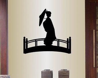 In-Style Decals Wall Vinyl Decal Home Decor Art Sticker Asian Japanese Girl Woman on Bridge with Parasol Room Removable Mural Design 459