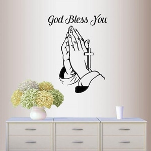 In-Style Decals Wall Vinyl Decal Home Decor Sticker God Bless You Phrase Quote Lettering Praying Hands Cross Religion Mural Design 538