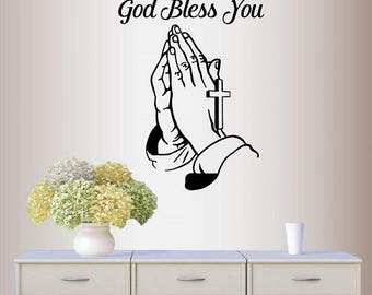 In-Style Decals Wall Vinyl Decal Home Decor Sticker God Bless You Phrase Quote Lettering Praying Hands Cross Religion Mural Design 538