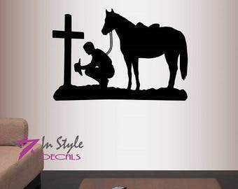 In-Style Decals Wall Vinyl Decal Home Decor Art Sticker Cowboy Praying Kneeling Cross Horse Western Man Boy Removable Mural Design 556