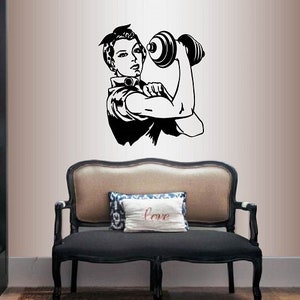 In-Style Decals Wall Vinyl Decal Home Decor Art Sticker Retro Woman Girl Lifting Weights Kettle Bell Sports Workout Removable Design 1617