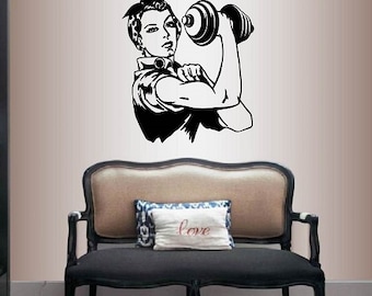 In-Style Decals Wall Vinyl Decal Home Decor Art Sticker Retro Woman Girl Lifting Weights Kettle Bell Sports Workout Removable Design 1617