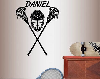In-Style Decals Wall Vinyl Decal Home Decor Art Sticker Custom Name Boy Crossed Lacrosse Stick Helmet Sports Kids Room Removable Design 1355