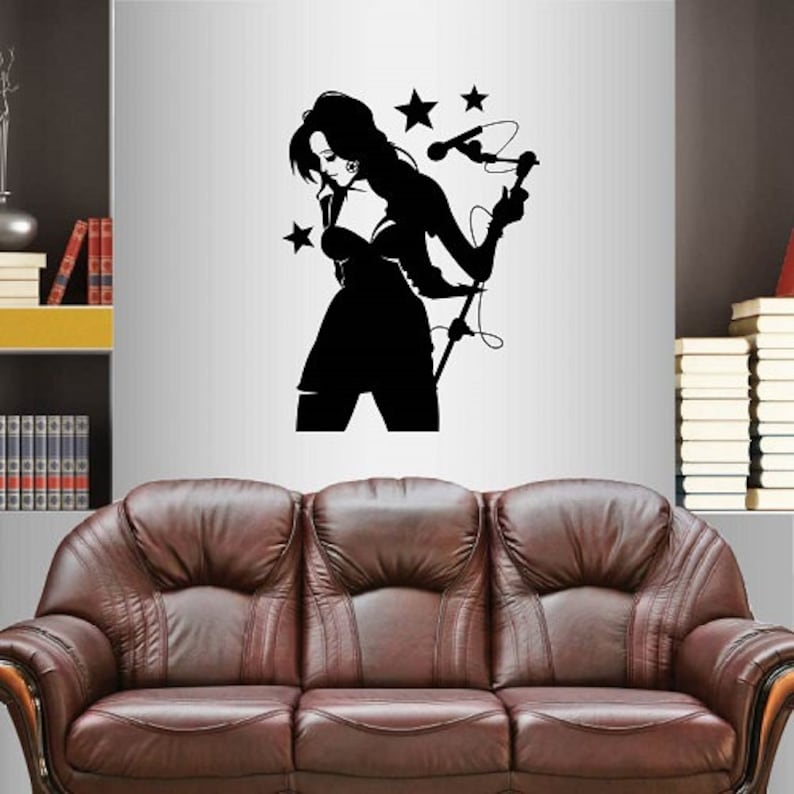 Wall Vinyl Decal Art Sticker Singer Girl Woman Singing Microphone Music Karaoke Removable Mural Unique Design 50
