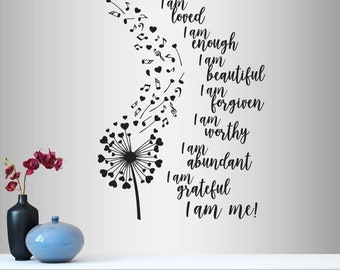 In-Style Decals Wandaufkleber aus Vinyl, Kunstaufkleber „I am Loved I am Enough I am Me“, Zitat Satz Löwenzahn, Musiknoten, Herzen, Wanddesign 2829