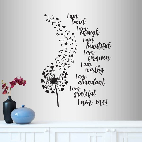 In-Style Decals Wall Vinyl Decal Art Sticker I am Loved I am Enough I am Me Quote Phrase Dandelion Musical Notes Hearts Mural Design 2829