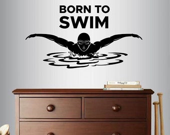 In-Style Decals Wall Vinyl Decal Home Decor Sticker Born To Swim Phrase Quote Swimming Man Male Swimmer Butterfly Sports Mural Design 2315