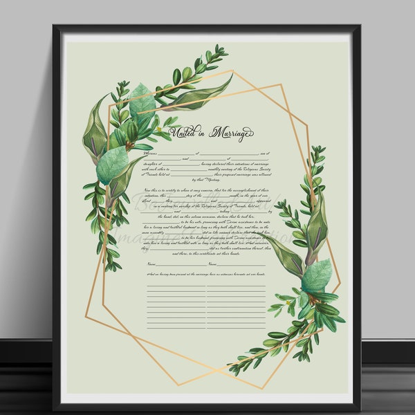 Quaker Style Wedding Certificate,Spring Flowers, Quaker,Self Administered,Quaker Tradition, Marriage,Digital File,Instant Download,Printable