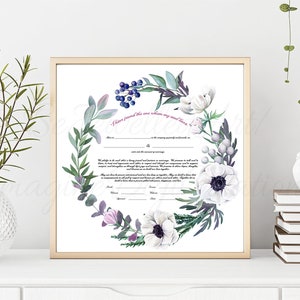 May include: A printable wedding ceremony template with a watercolor wreath of white anemones, green leaves, and purple berries. The text reads "I have found the one whom my soul loves".