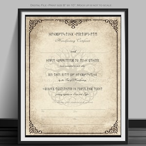 May include: Framed Handfasting Certificate with ornate border and text in a stylized font. The certificate includes the words "Handfasting Certificate" and other text. The print size is 8" by 10".