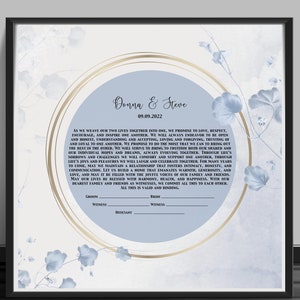 Peut inclure: Un modèle de vœux de mariage avec un design circulaire bleu et or. Le texte indique "Donna & Steve 09.09.2022" et comprend un vœu d'aimer, de respecter, d'encourager et d'inspirer l'un l'autre. Le modèle comprend des espaces pour le marié, la mariée, les témoins et l'officiant.