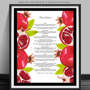 May include: A printable 8x10 inch digital file with a white background and red pomegranates. The text reads "Rosh Hashana" and lists various fruits and vegetables with their Hebrew names and meanings. The text explains that these foods are symbolic of wishes for a good year.