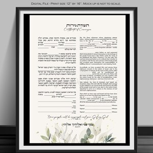 May include: A black and white printable certificate of conversion document with Hebrew text. The document includes the text "תעודת גירות" which translates to "Certificate of Conversion". The document is decorated with green watercolor leaves.