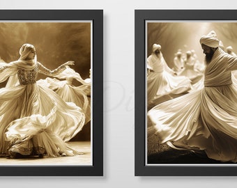Peut inclure: Deux photographies en sépia encadrées de personnes en robes blanches flottantes effectuant une danse tournoyante. La première image montre une seule femme en robe blanche, les bras tendus. La deuxième image montre un groupe d'hommes en robes blanches tournoyant en cercle.