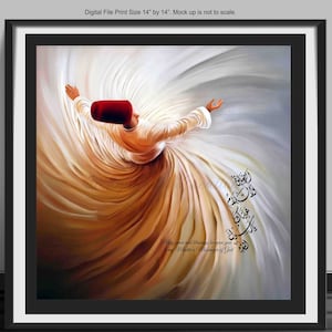May include: A painting of a whirling dervish in a white robe with a red hat. The background is a swirl of white and gold. The painting includes the Arabic text "May peace and blessings be upon you, O Messenger of God."