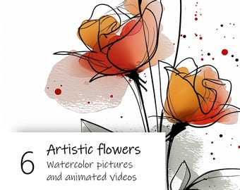 6 Animierte und Statische Elegante Künstlerische Aquarell Blumen