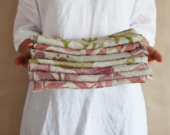 Set of 2 linen tea towels / kitchen towel / block printed napkin