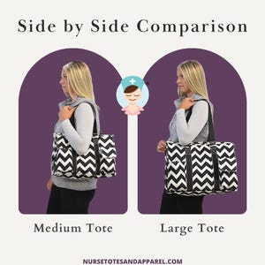 May include: Side-by-side comparison of a medium and large black and white chevron tote bag. The bags are shown on a person, with the text "Medium Tote" and "Large Tote" below. The image also includes the text "Side by Side Comparison".