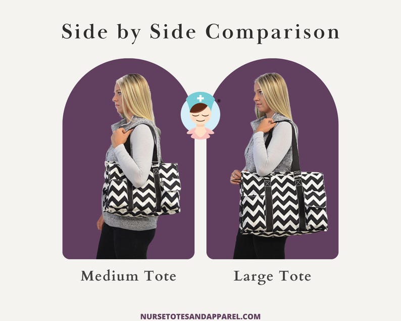 May include: Side-by-side comparison of a medium and large black and white chevron tote bag. The bags are shown on a person, with the text "Medium Tote" and "Large Tote" below. The image also includes the text "Side by Side Comparison".