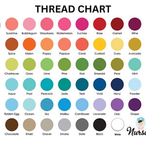 May include: A thread chart with a variety of colors, including Sunshine, Bubblegum, and Strawberry. The chart is labeled "THREAD CHART" and includes the Nurse Totes & Apparel logo.