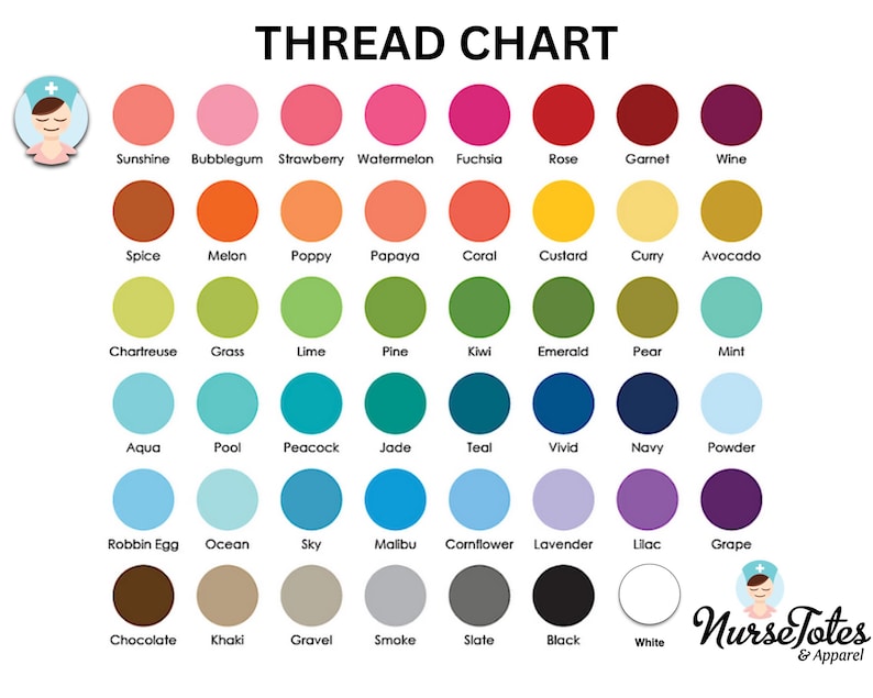 May include: A thread chart with a variety of colors, including Sunshine, Bubblegum, and Strawberry. The chart is labeled "THREAD CHART" and includes the Nurse Totes & Apparel logo.