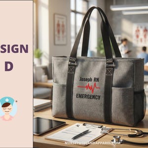 May include: Gray tote bag with black straps and side pockets. The bag has the text "Joseph RN EMERGENCY" with a red heartbeat graphic. A stethoscope, prescription pad, and tablet are on the table. The words "DESIGN D" are on the left.