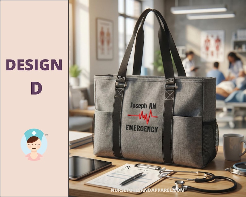 May include: Gray tote bag with black straps and side pockets. The bag has the text "Joseph RN EMERGENCY" with a red heartbeat graphic. A stethoscope, prescription pad, and tablet are on the table. The words "DESIGN D" are on the left.