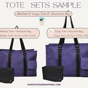 May include: Two purple tote bags with black handles and accessory bags. The medium tote is 15.5" wide, 6" deep, and 10.5" high. The large tote is 18.5" wide, 7.5" deep, and 13" high. The text "TOTE SETS SAMPLE" is at the top.