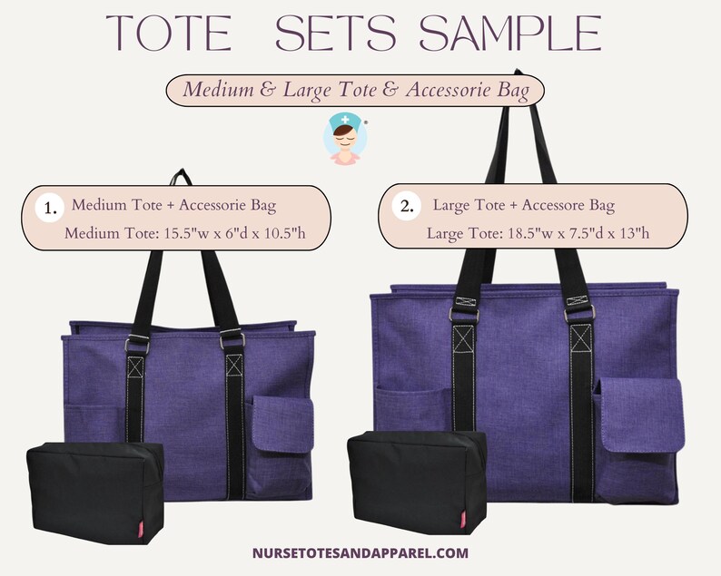 May include: Two purple tote bags with black handles and accessory bags. The medium tote is 15.5" wide, 6" deep, and 10.5" high. The large tote is 18.5" wide, 7.5" deep, and 13" high. The text "TOTE SETS SAMPLE" is at the top.