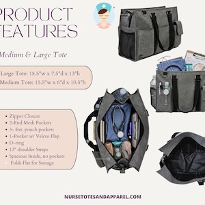 May include: Gray tote bag with multiple pockets and a zipper closure. The large tote measures 18.5" wide x 7.5" deep x 13" high. Features include end mesh pockets, exterior pouch pockets, a Velcro flap pocket, and a D-ring. The bag has 13" shoulder straps.