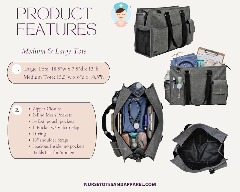 May include: Gray tote bag with multiple pockets and a zipper closure. The large tote measures 18.5" wide x 7.5" deep x 13" high. Features include end mesh pockets, exterior pouch pockets, a Velcro flap pocket, and a D-ring. The bag has 13" shoulder straps.