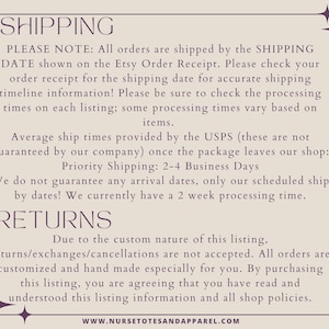 May include: A beige informational graphic with the words "SHIPPING" and "RETURNS" in a stylized font. The text provides details on shipping times, return policies, and order processing. The website address is at the bottom.