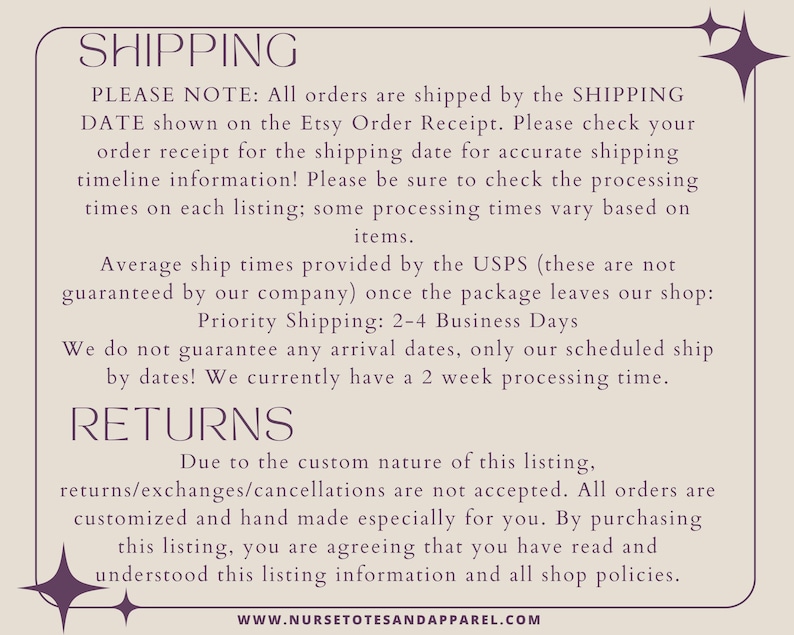 May include: A beige informational graphic with the words "SHIPPING" and "RETURNS" in a stylized font. The text provides details on shipping times, return policies, and order processing. The website address is at the bottom.