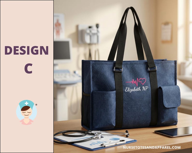 May include: A navy blue tote bag with black handles and side pockets. The bag features a pink heartbeat design with the name "Elizabeth NP" embroidered on the front. A stethoscope, clipboard, and tablet are on the wooden surface.